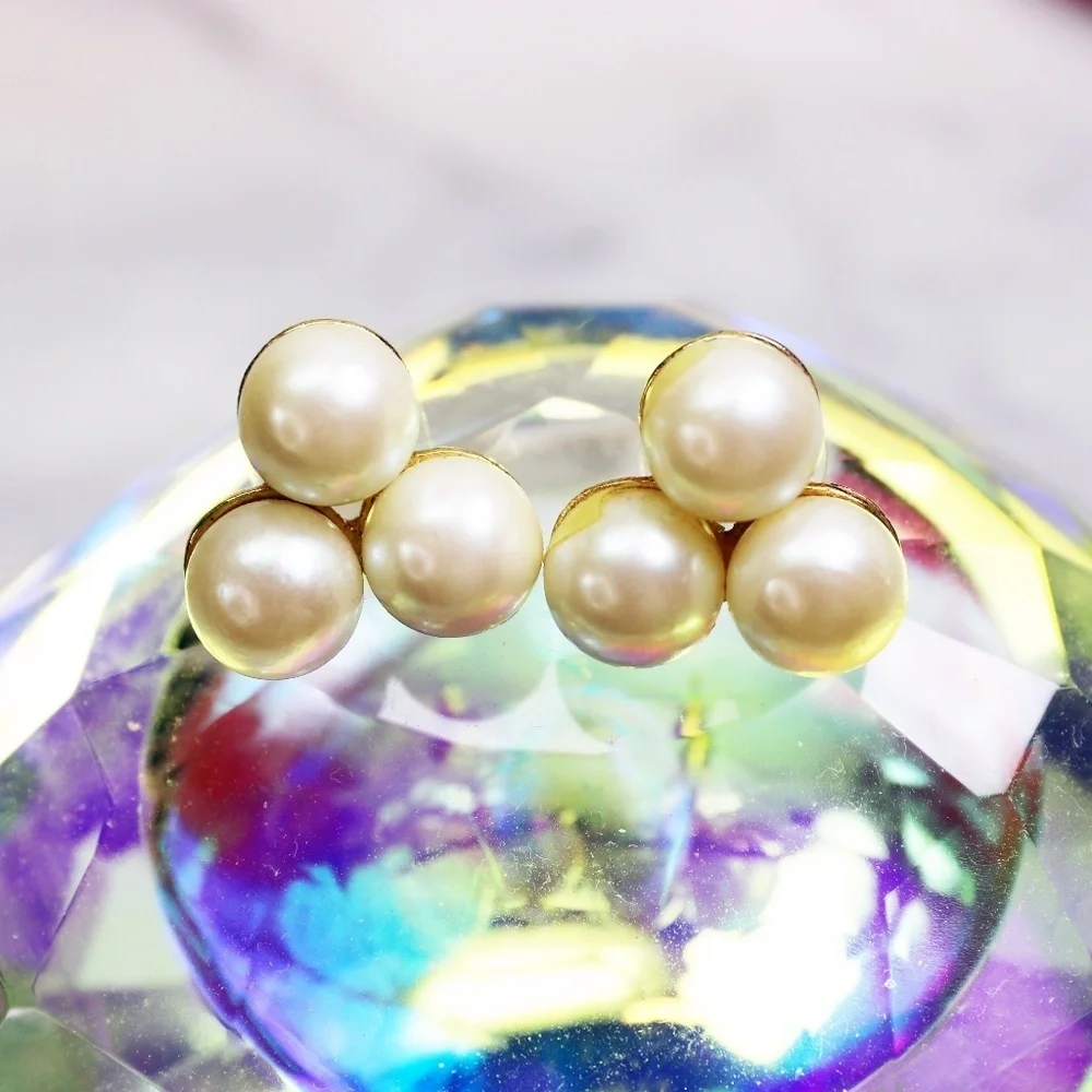 Pearl Earrings ~ Elegant Pierced Vintage Triple 8mm Cream Pearls in Gold Setting